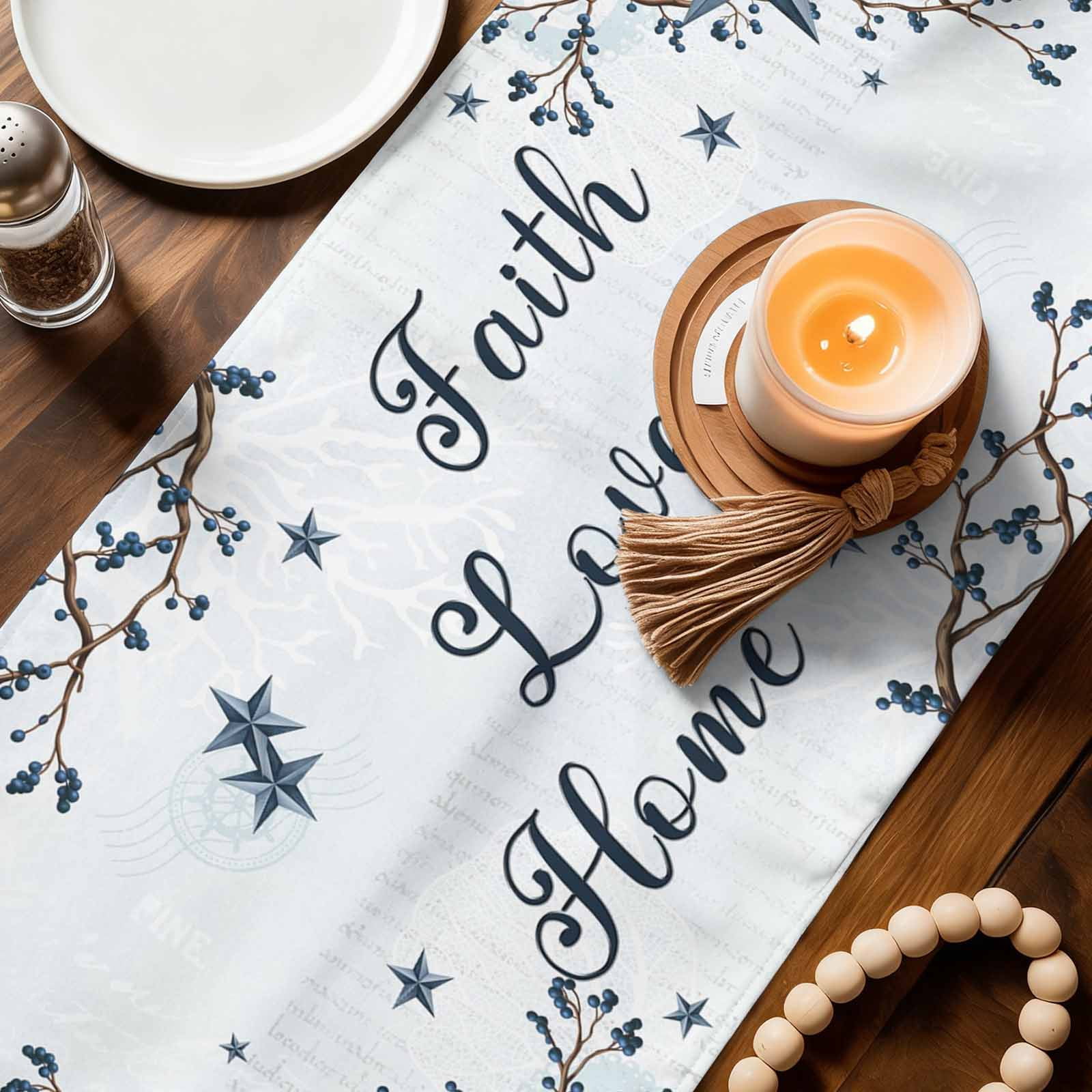 Texas Star Country Cotton Linen Table Runner for Dining Kitchen, Blue Farmhouse Branches Wedding Outdoor Party Tablerunners Decoration, Dresser Scarf Coffee Tablecloth Runners 13x90 Inches