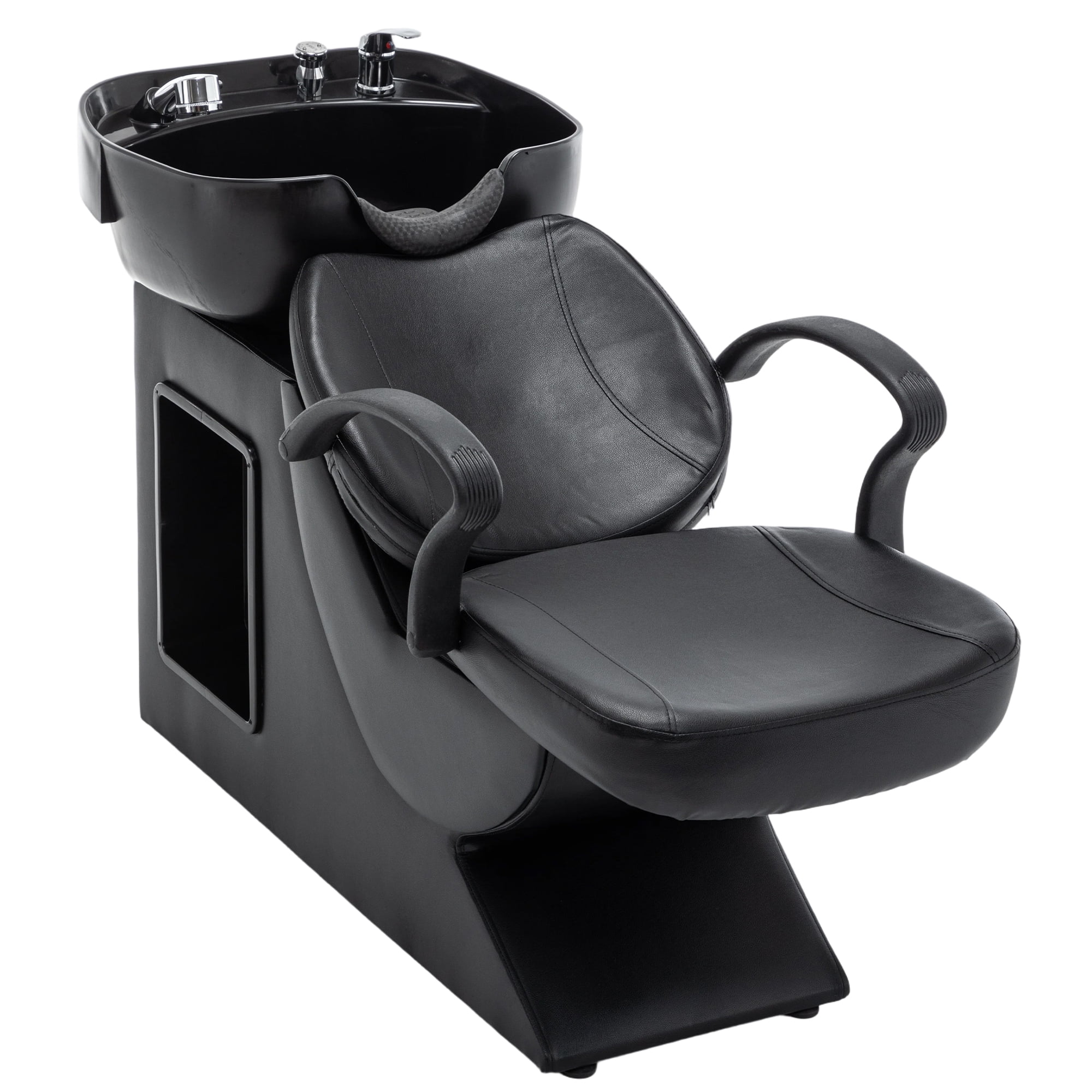 Miniyam 53.5" x 21.7" x 32" Shampoo Station with Chair – ABS Basin, PU Leather, Neck Rest, Side Storage, Hot/Cold Faucet & Sprayer – 300 lbs Capacity – Black for Salon Spa Barbershop