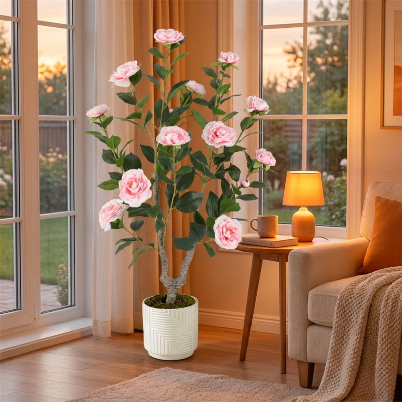 SUGIFT 36 Inch Artificial Camellia Tree with Blooming Flower, 2 Pack Faux Pink Flower Plant in Pot for Living Room Bedroom Decor, Pink + Green,