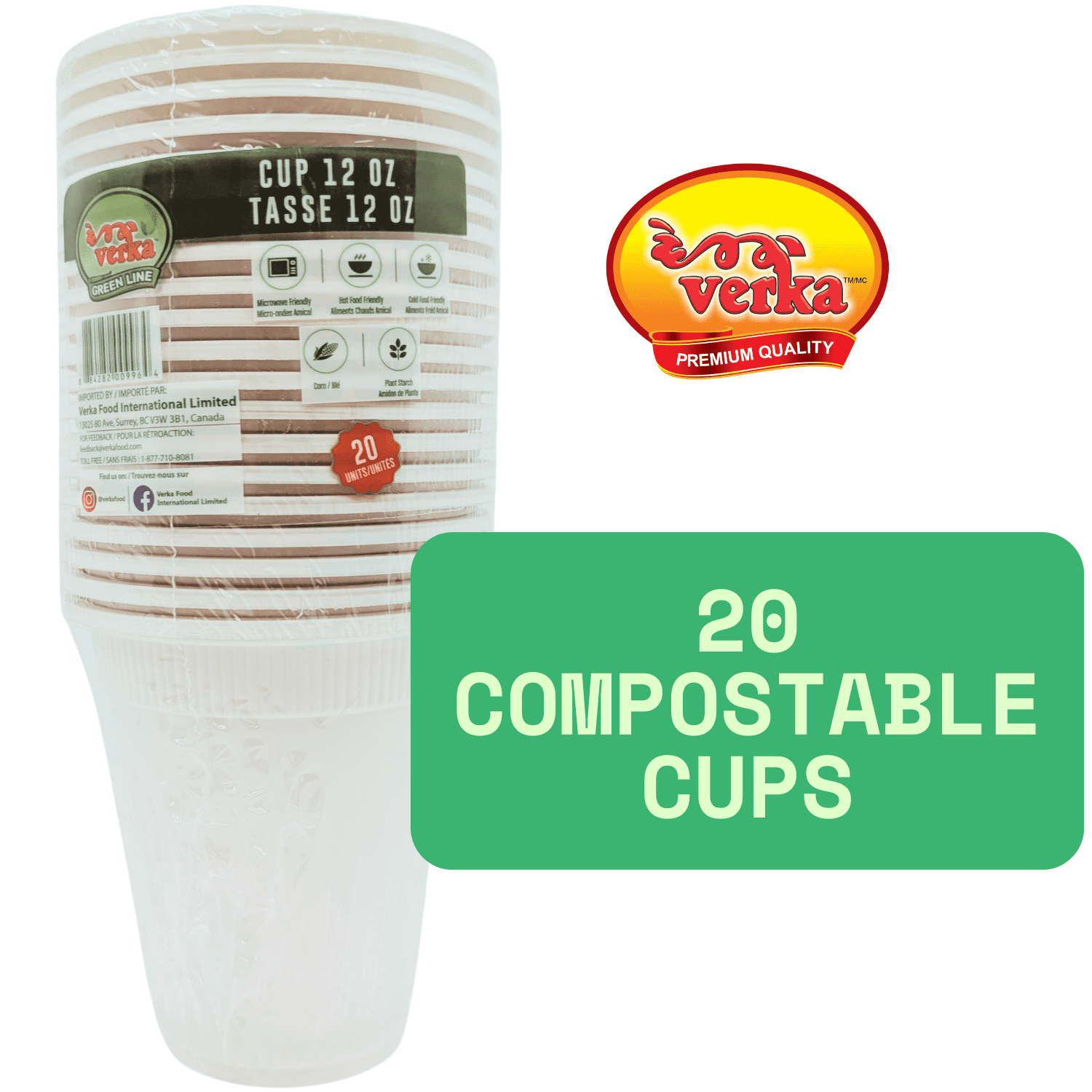 Verka Greenline Compostable 12Oz Cups - 20 pieces
