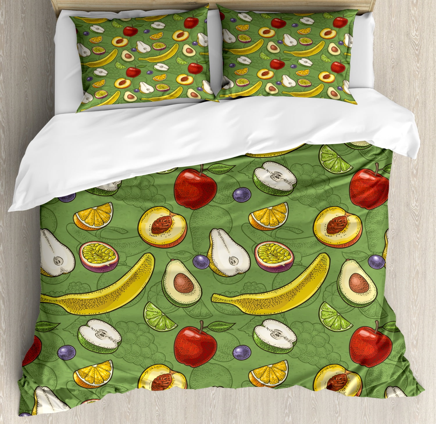 Fruits Duvet Cover Set, Avocado Apples Banana Grapes Lime Healthy Peach