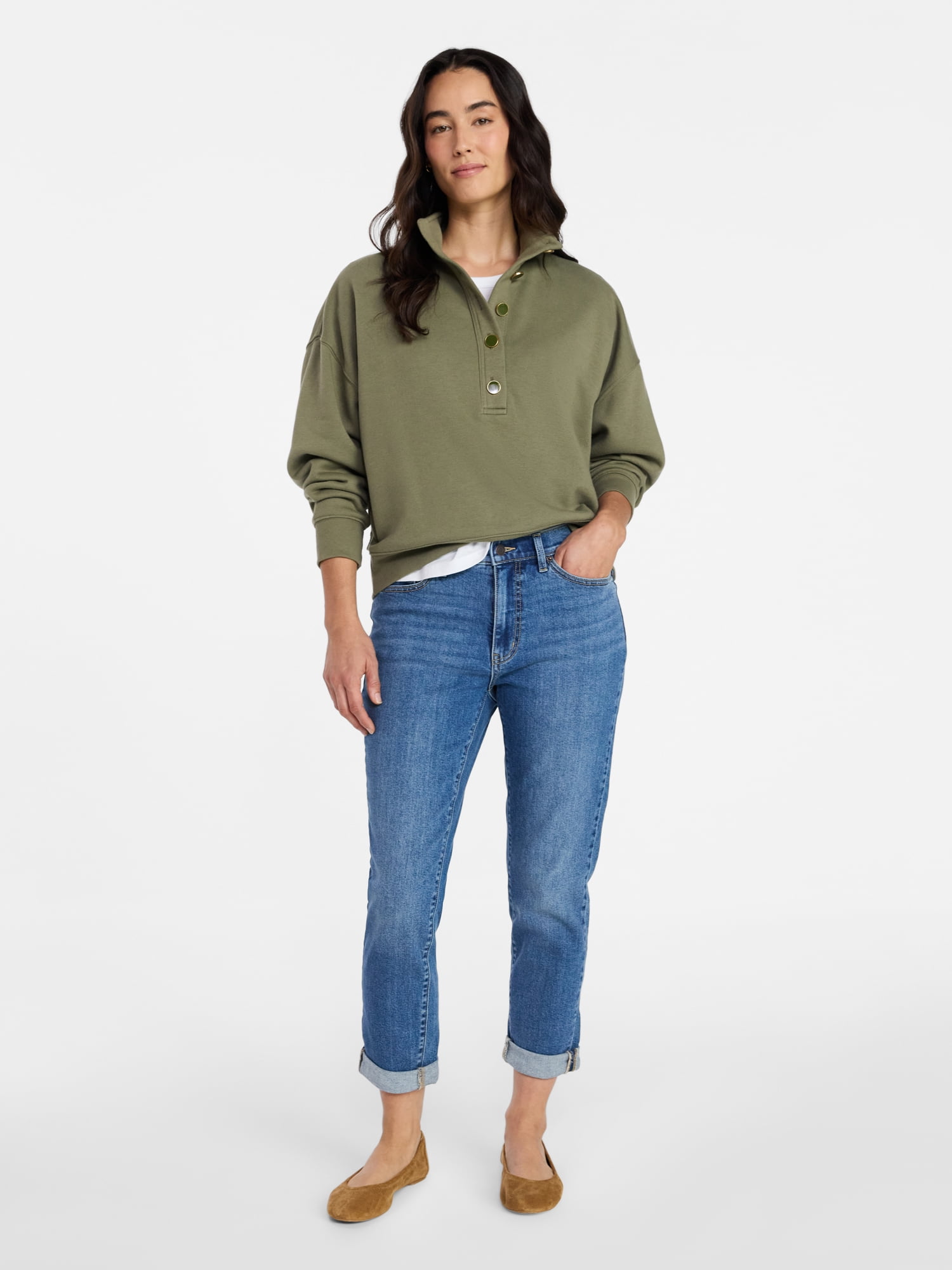 Time and Tru Women's Quarter Button Fleece Top with Long Sleeves, Size XS-4X