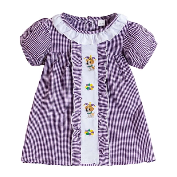 Landzoo One Girls Carnival Embroidery Plaid Short Sleeve Summer Party Dress With Flowy Skirt And Comfortable Design For Beautiful Cute Cozy Girl's Dress 12-18 Months
