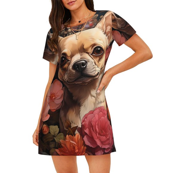 Bixox Vintage Red Flower Chihuahua Pattern Women's Nightgown, Soft & Breathable Sleepwear, Round Neck Knee-Length Pajama Dress,Loungewear for Home & Sleep