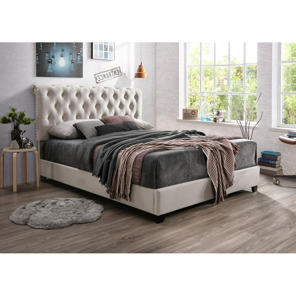Modern Champagne 1Pc King Size Bed Tufted Headboard Nail-Head Velvet