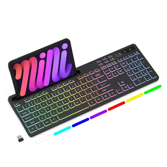 Soueto Clavier Sans Fil avec Rétroéclairage RGB 7 Couleurs, Clavier d'Ordinateur Pleine Taille avec Support pour Téléphone Tablette, Clavier de Jeu Sans Fil Rechargeable 2.4G avec Touches Lumineuses