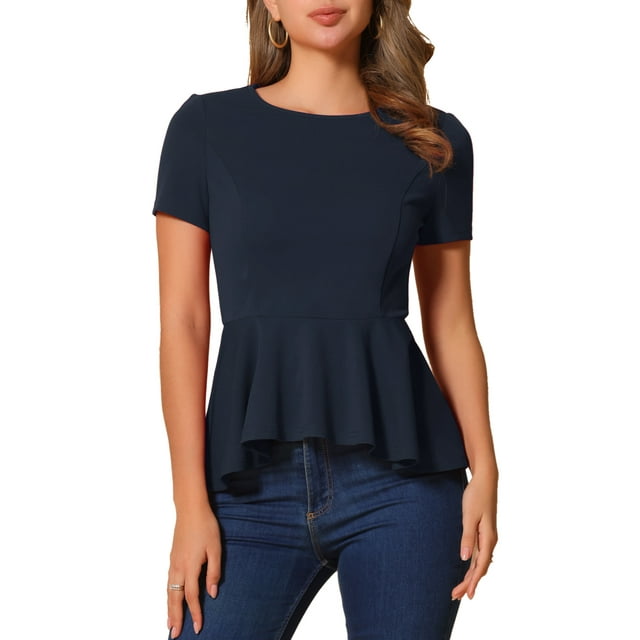 INSPIRAR CHIC Blusa de Peplum para Mujeres de Manga Corta Cuello Redondo Primavera Verano Talla XS Azul Oscuro