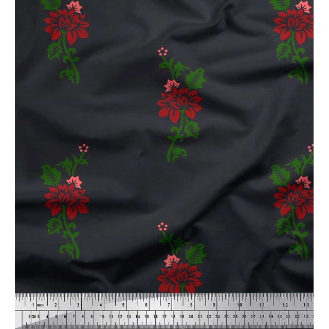 Soimoi Polyester Crepe Fabric Leaves & Floral Block Print Fabric by The Yard 52 Inch Wide