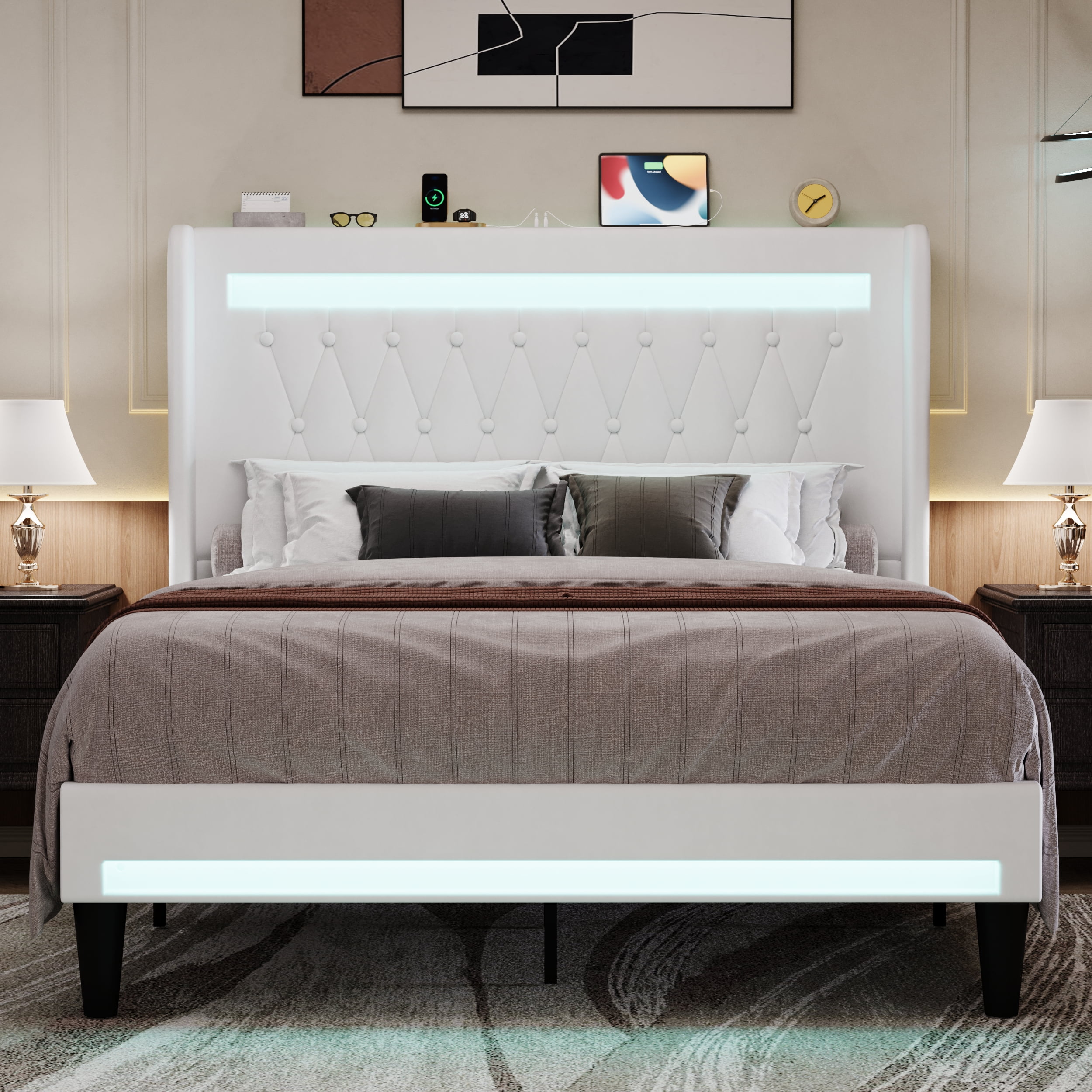 Amolife Queen Size LED Bed Frame, Upholstered Velvet Platfrom Bed with Charging Station, High Wingback Headboard & 2 Lights, No Box Spring Needed, 900 LBS Capacity, White