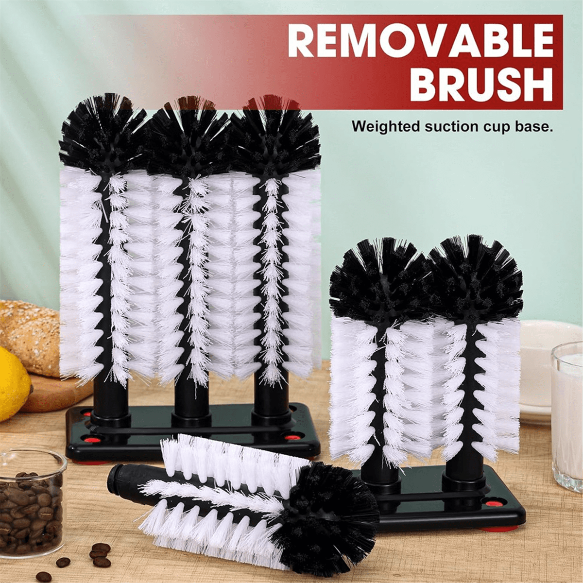 2 Pack Water Bottle Cleaning Brush Two Size with Suction Base Glass Cup Washer 3 Head Bristle Brush for Bar Beer Cup,1set * cup washer for sink