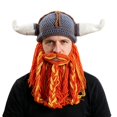 thumbnail image 2 of Helii Knit Hat with Horns and Detachable Beard Viking Style Beanie Hat Handmade Crochet Cap Funny Novelty Winter Hat for Role Play Party Dress Up Stretchy Soft Beanie Hat for Adults, 2 of 7