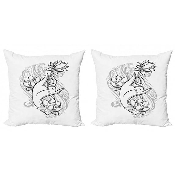 Oriental Throw Pillow Cushion Cover Pack of 2, Art Purity Themed Image with Hand Holds Lotus Flower, Zippered Double-Side Digital Print, 4 Sizes, Pale Grey Charcoal Grey, by Ambesonne