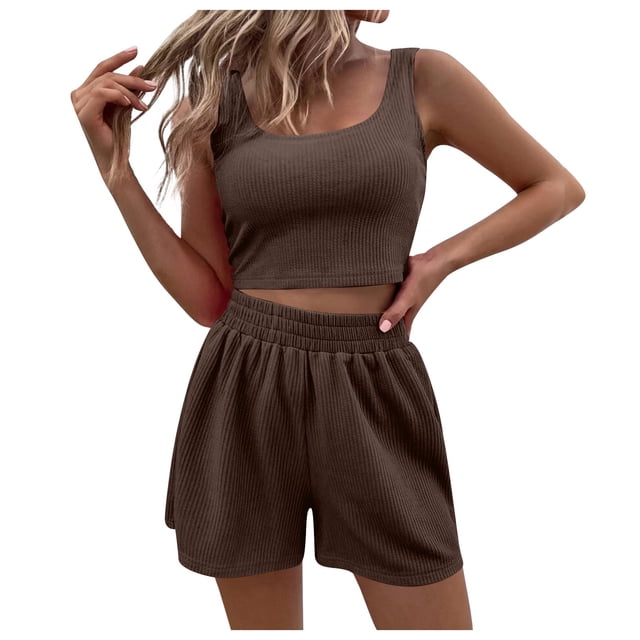 Conjunto de dos piezas de verano para mujer: top corto sin mangas y pantalones cortos de cintura alta, encaje de nailon y spandex, para todo tipo de cuerpos