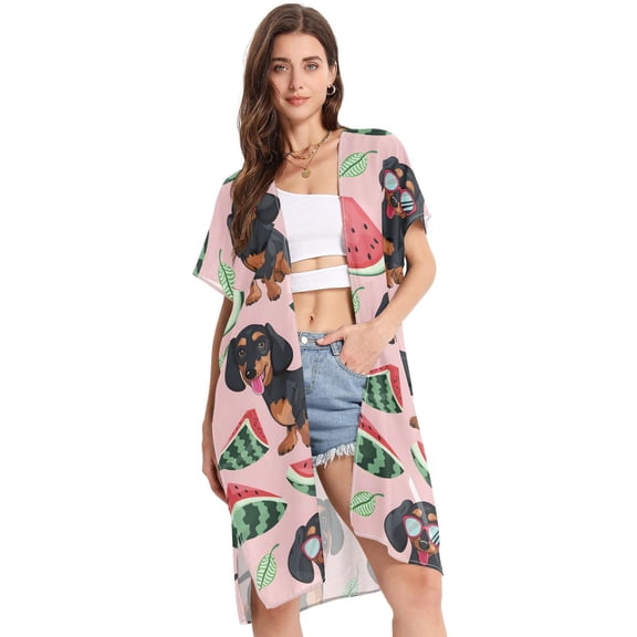 Beach Vacation Clothes Kimono Cardigan Loose Swimsuit Cover Up for Women Dachshund Dogs Watermelon S