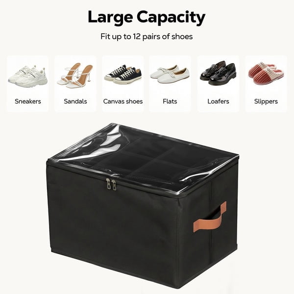 Riousery 2 Pack Foldable Shoe Organizer for Closet, Shoe Storage Bins with Clear Zipper Cover and Handles, Holds up to 24 Pairs, Black