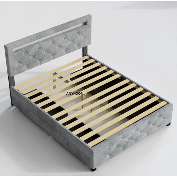 ANYKOON Queen Size Upholstered Storage Bed Frame with 4 Drawers & Built-in LED Lighting, No Box Spring Required, Modern Velvet Platform Bed, Grey