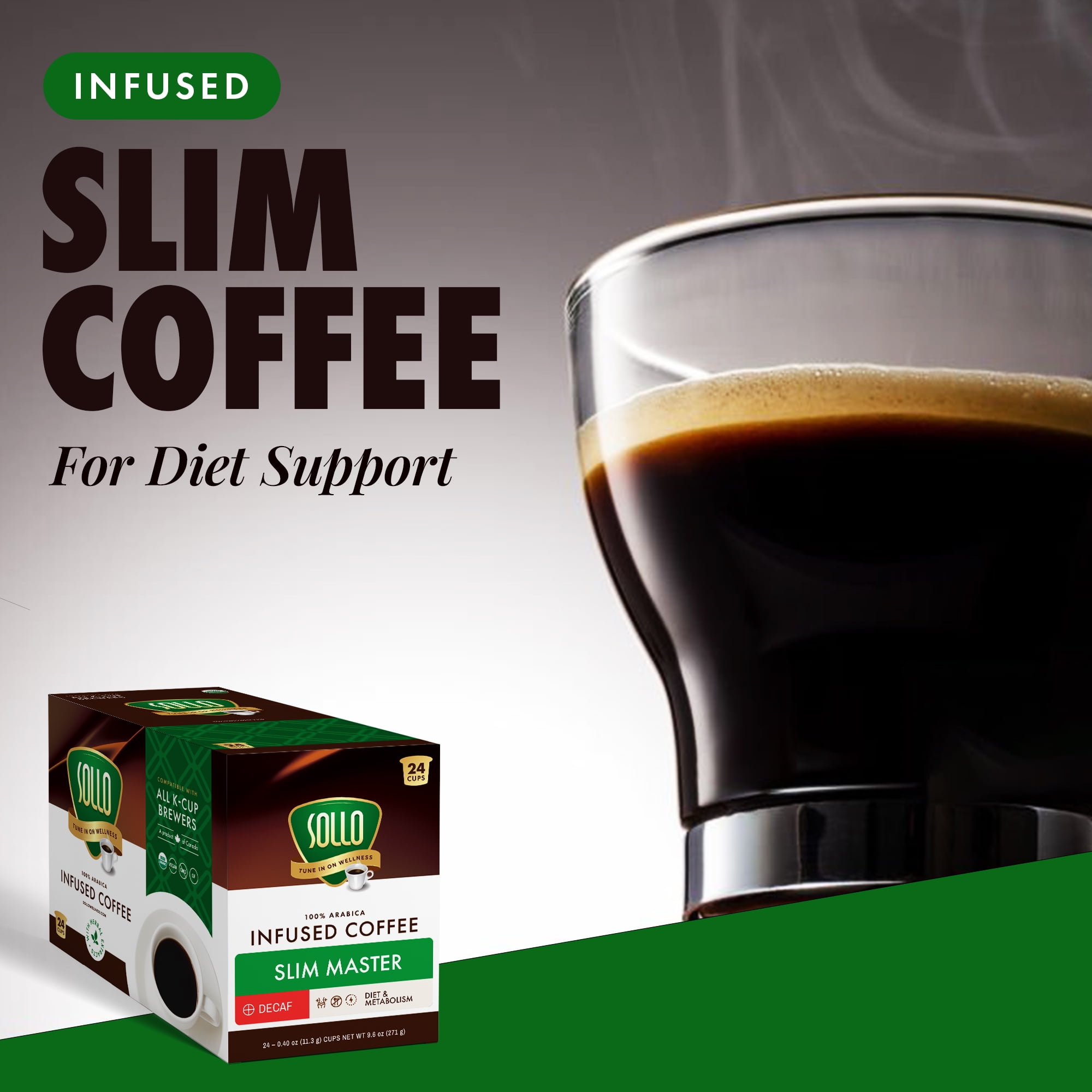 SOLLO Slim Decafenated Coffee Pods, Diet Support with Garcinia, GCBE and Vitamins, Bold Medium Dark Roast, Single Serve Pod, Compatible with Keurig K-Cup Brewers, 24 Ct