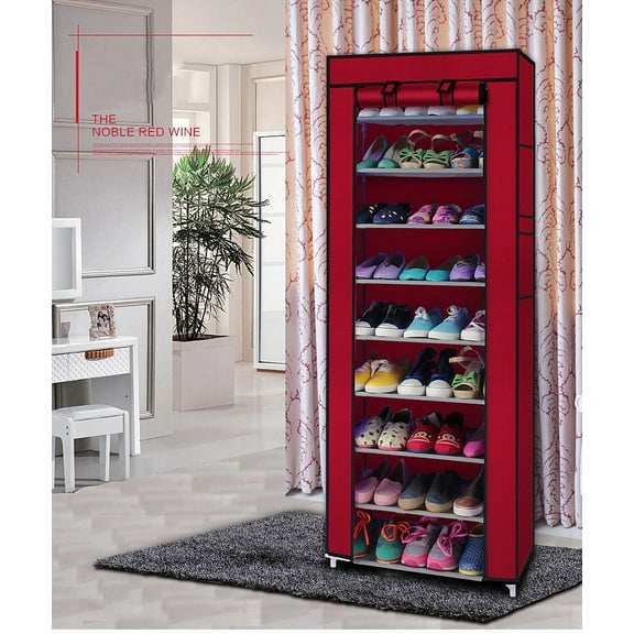 UBesGoo 10 Tiers Shoe Rack with Dustproof Cover Closet Shoe Storage Cabinet Organizer,Wine Red