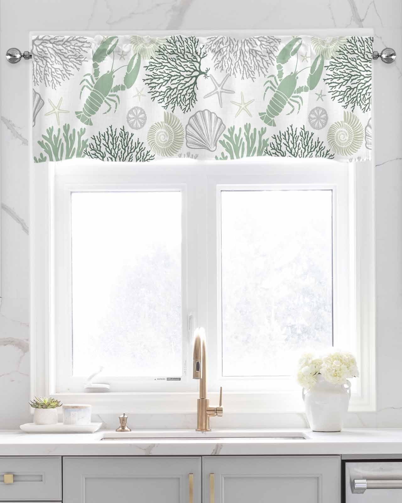 Sage Green Coastal Kitchen Valances for Windows Farmhouse Linen Window Valance Curtain for Living Room Window Treatment Summer Lobster Coral Nautical Valance Rod Pocket Topper Drape, 42 x 18 Inch