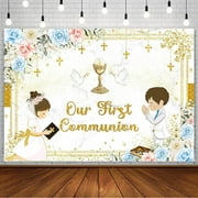 Our First Holy Communion Backdrop for Twins God Bless Baptism Party Decorations Christening Ceremony Mi Primera Comunion Mi Bautizo Banner Boho Floral Photography Background Photo Props