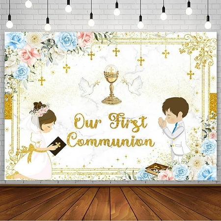 Our First Holy Communion Backdrop for Twins God Bless Baptism Party Decorations Christening Ceremony Mi Primera Comunion Mi Bautizo Banner Boho Floral Photography Background Photo Props