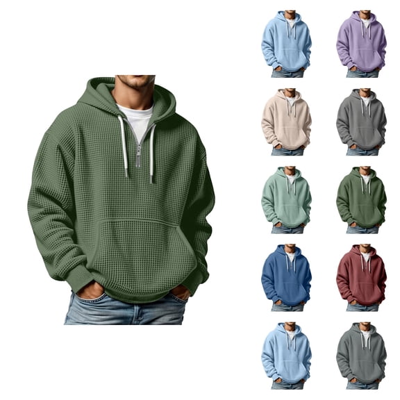 Quarter Zip Pullover Men 2026 Fall Winter Long Sleeve Waffle Knit Plain Hooded Sweatshirt with Pockets Mens Hoodie