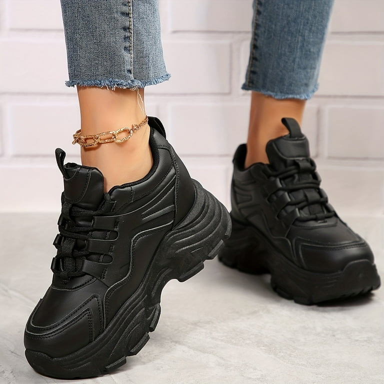 Women's Platform Chunky Sneakers, Solid Color Lace Up Height