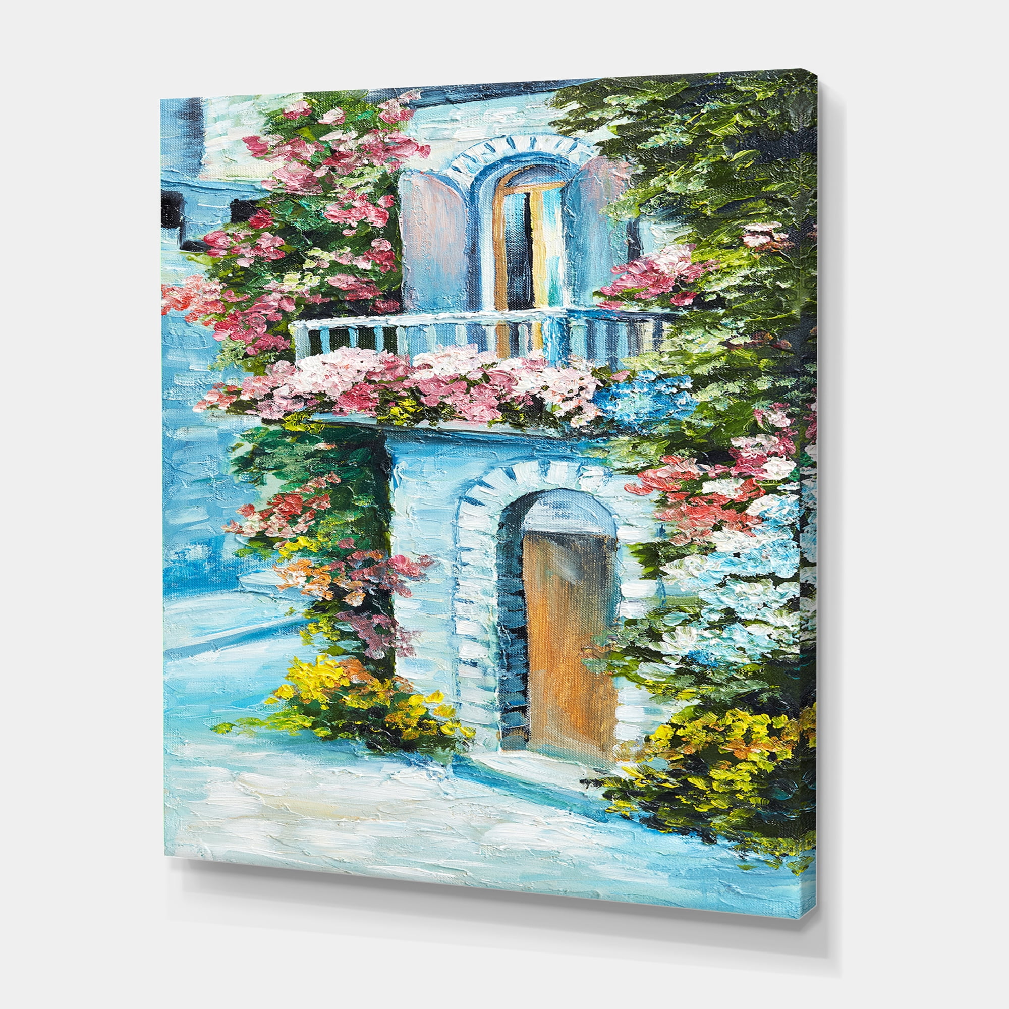 Designart ' House With Colorful Flowers Near The Sea II ' Traditional Canvas Wall Art Print