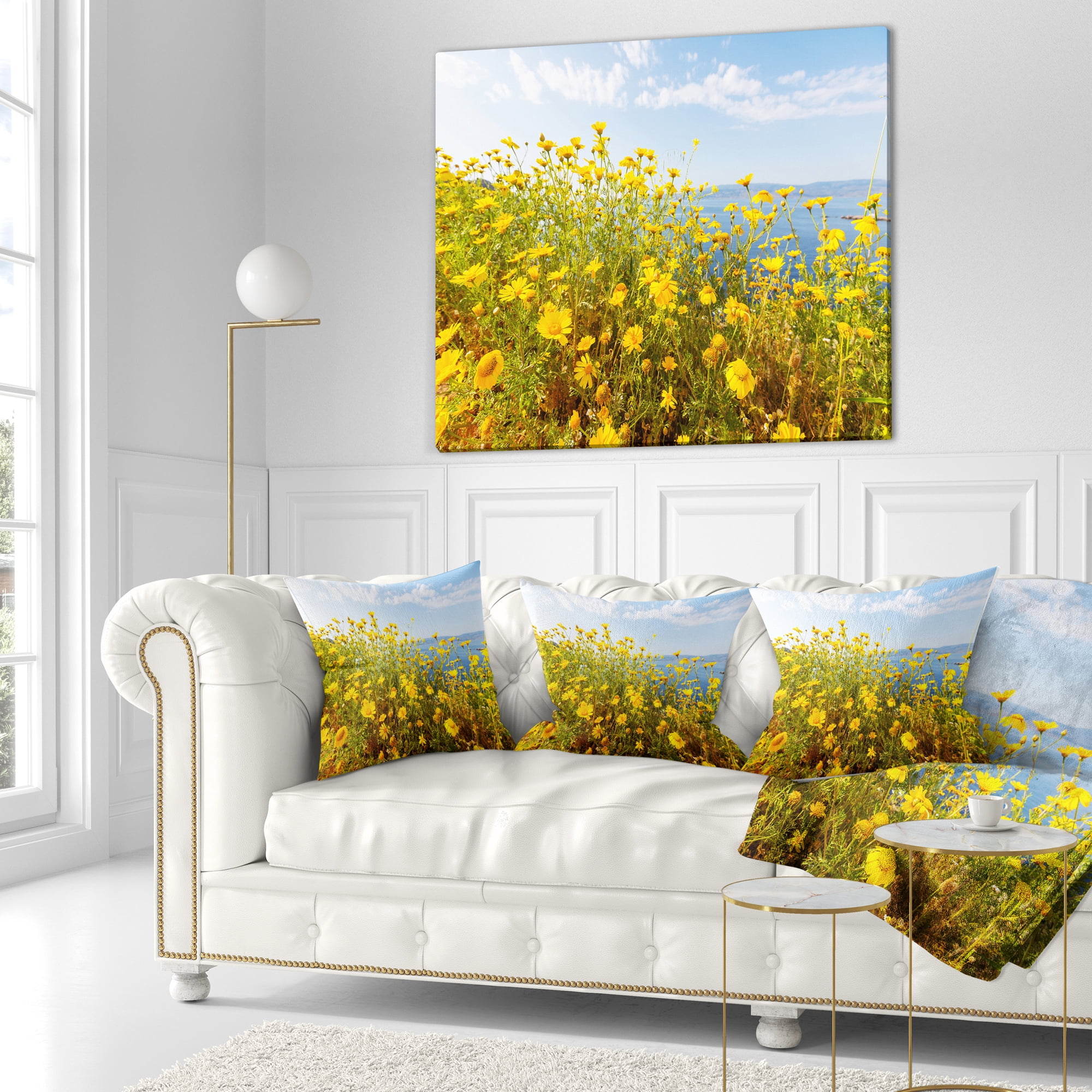 Designart Little Yellow Flowers over Seashore - Flower Throw Pillow - 16x16
