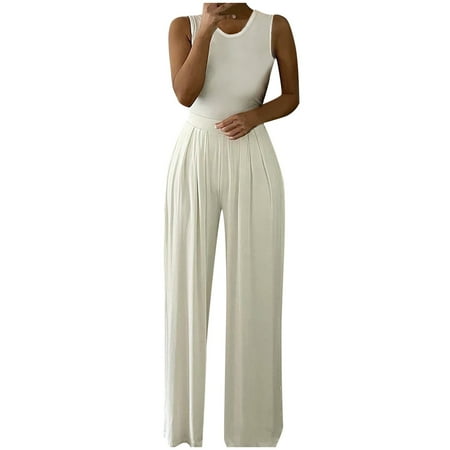 

wendunide cargo pants women Women s Summer Jumpsuits Casual Sleeveless Jumpsuit Drawstring Elasitic Waist Romper Pajama White M