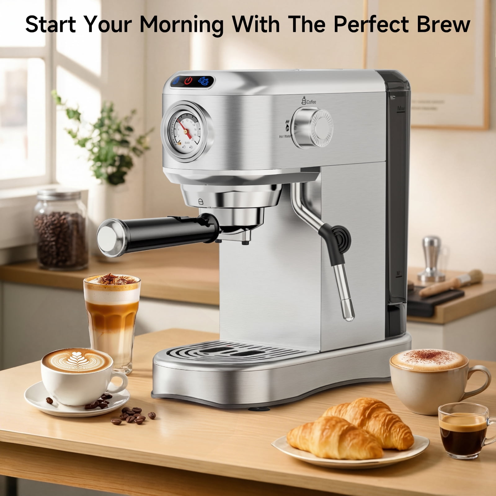 SUDILO 20 Bar Espresso Machine, Stainless Steel Coffee Maker with Steam Frother, 34oz Removable Water Tank, Compact for Home Office, Silver