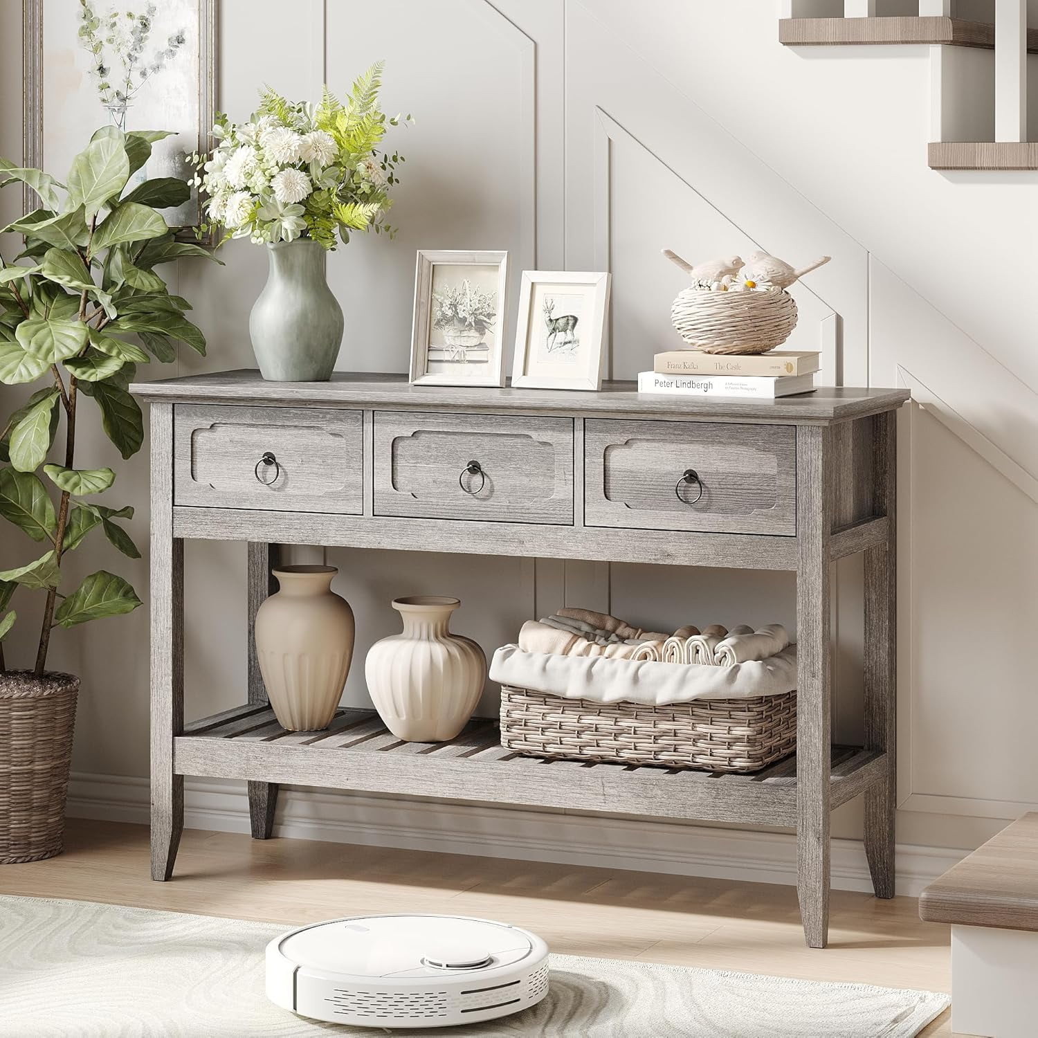 VEANERWOOD Farmhouse Entryway Table with 3 Drawers, 2-Tier Console Table with Storage for Entryway Living Room