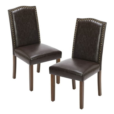CHEERFUN Set of 2 Upholstered Leather Dining Chairs, Parsons Nailhead Trim, Wood Legs