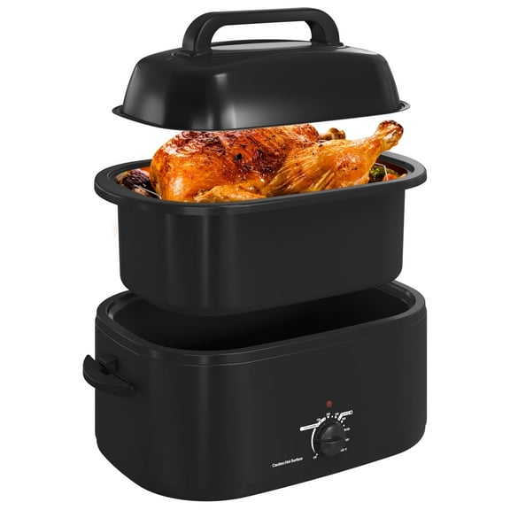 Royalcraft 22 Quart Electric Turkey Roaster Oven with Visible Glass Lid,Removable Pan & Rack, Stainless Steel,Black