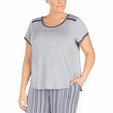 

Layla Womens Plus Size Contrast-Trim Lace-Trim Pajama Top (Grey Heather 1X)