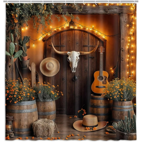 Western Cowboy Shower Curtain Farmhouse Barn Door Bath Curtain, Southwest Country Ranch Bath Curtain with Cowboy Boots Floral, Southwestern Theme Bathroom Decor Set with Hooks 72X72IN