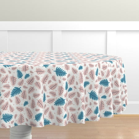 

Cotton Sateen Tablecloth 90 Round - Pink Blue Leaves Nature Contemporary Woodland Botanical Pinecones Blush Light Forest Print Custom Table Linens by Spoonflower