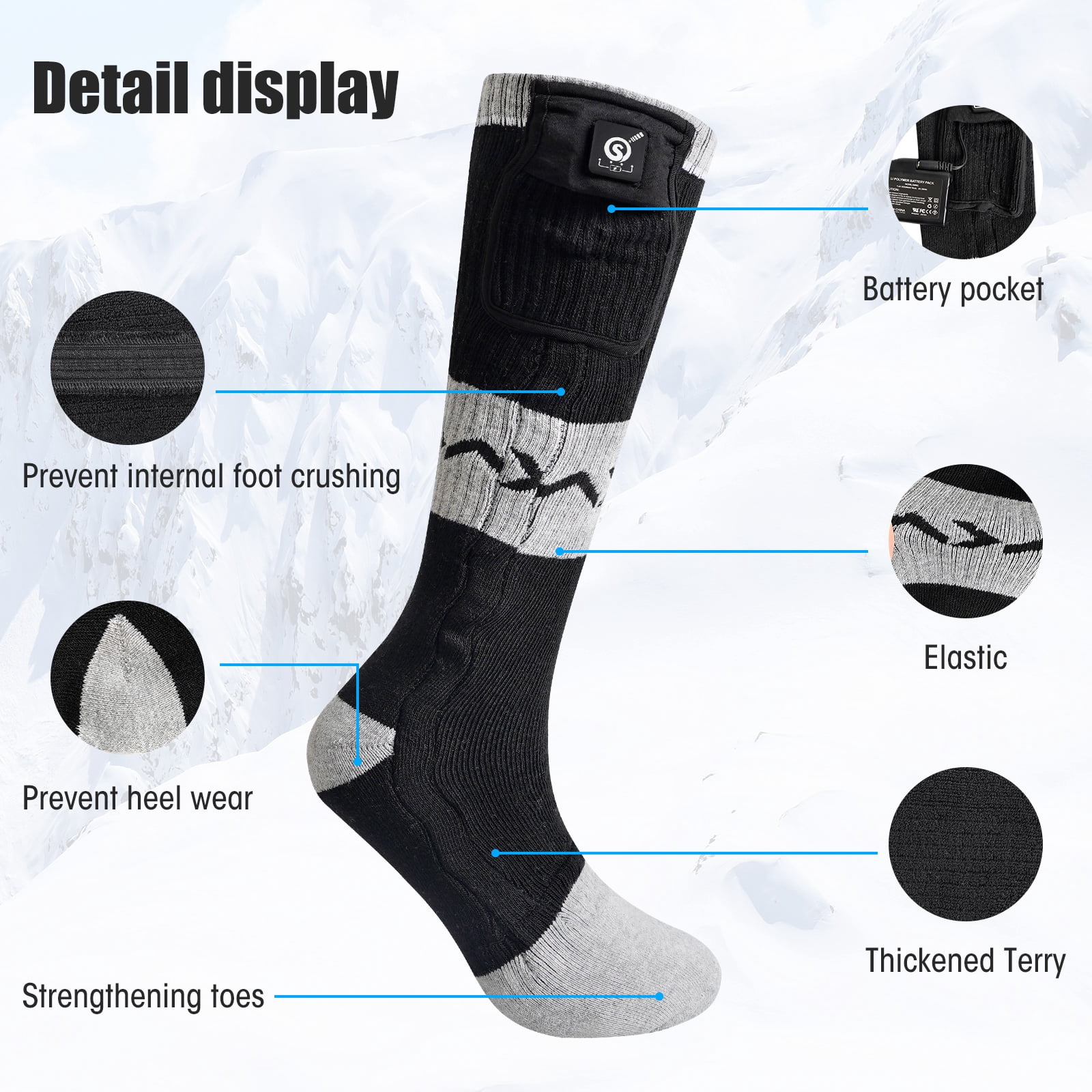 Sun Will 7.4V 2200mAh Electric Heated Scoks,Rechargeable Warm Compression Socks for Women Men S-XL