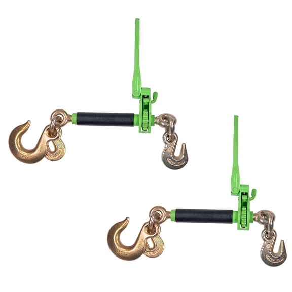 2 Pack Heavy Duty Hi-Viz Green Folding Handle Ratchet Load Chain Binder w/Grab Hook & Slip Hook | 1/2" Grab Hook & 5/8" Slip Hook - 1/2" Grab Hook | 15,000 Lbs WLL for Flatbed Trailer