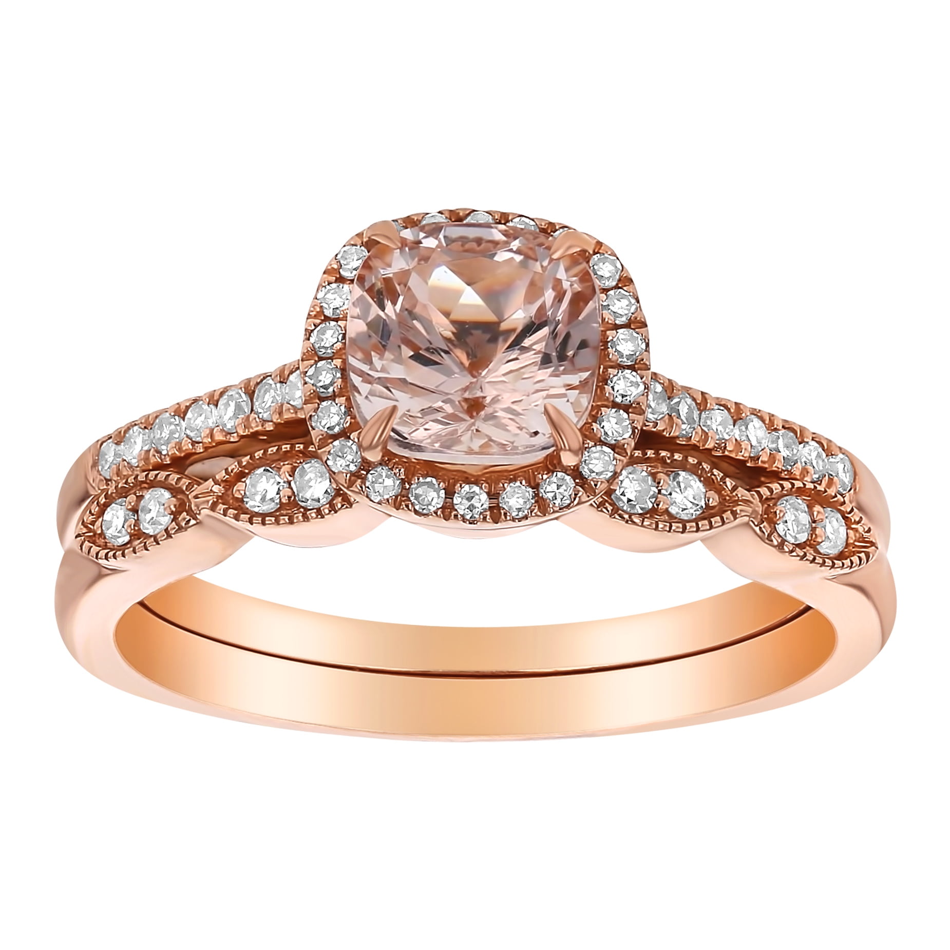Solid 14K Rose Gold 3.00 ct Cushion Morganite Bridal Set Engagement Ring Band