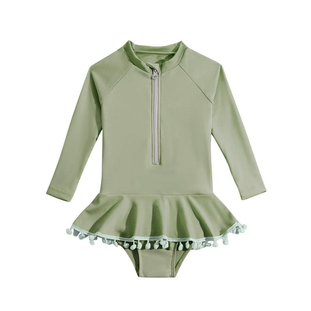 Kids Toddler Little Girl One Piece Rashguard Swimsuit Long Sleeve Zip Up UPF 50+ Sun Protection Bathing Suits Swimwear