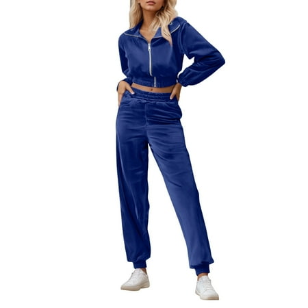 MDUKONU Women s Velvet Tracksuit - Half Zip Cropped Jacket & Jogger Pants Blue M