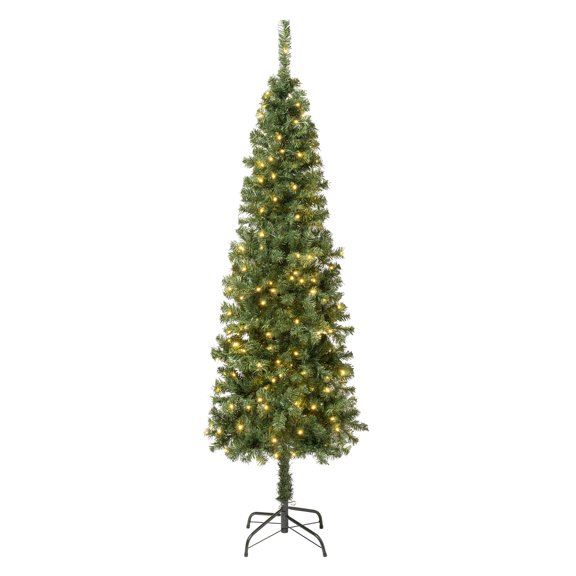National Tree Company Pre-Lit Artificial Slim Christmas Tree, Green, Linden Spruce, 250 Warm White LED Lights, Includes Stand, 6 Feet