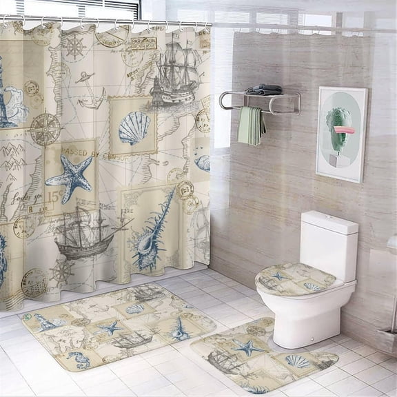 Vintage Nautical Coastal 4 Pcs Waterproof Shower Curtain Set Watercolor Beach Nautical Theme Starfish Seashell Coral with Waterproof Toilet Cover Shower Mat Rugs,72" W x 72" L