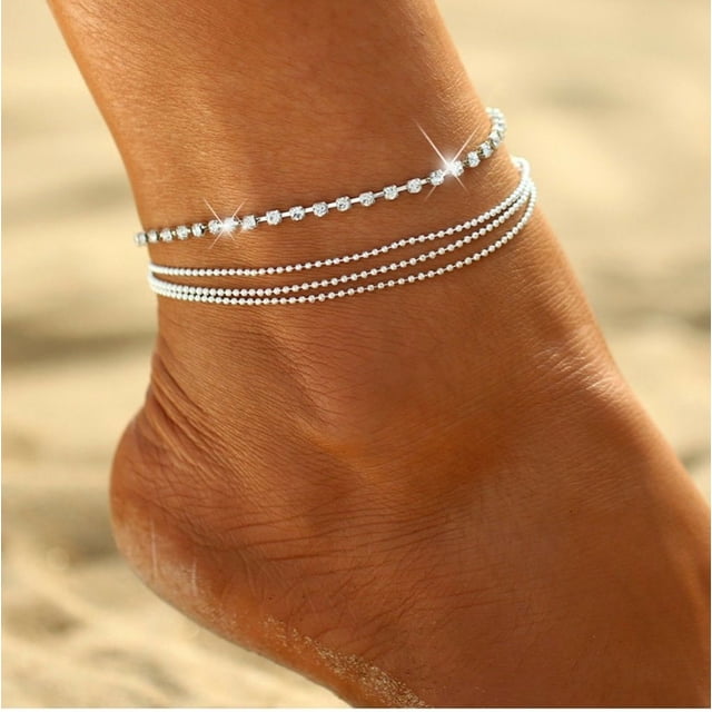 Tobilleras bohemias Pulseras de tobillo de cristal plateado Cadena de tobillo con diamantes de imitación para mujeres y niñas Plata