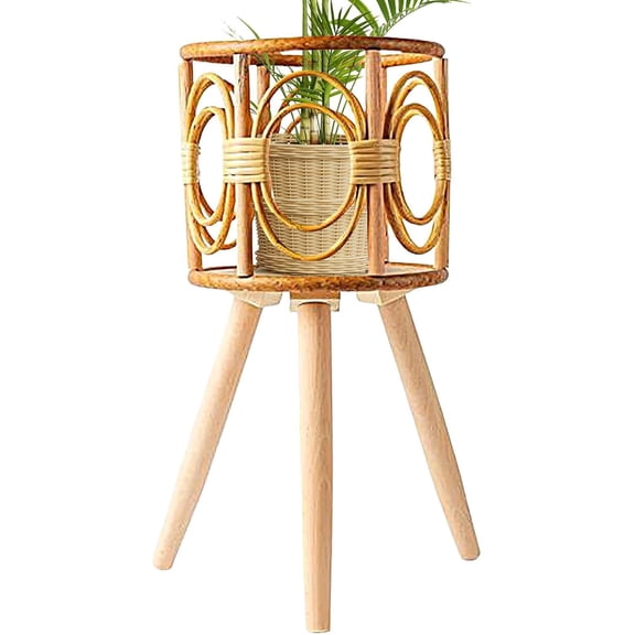 Wooden Boho Plant Stand, Woven Pot Holder, for Indoor Outdoor Display