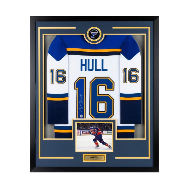 Brett Hull Signed St Louis Hockey Puck Logo 36x44 Jersey Frame