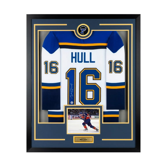Brett Hull Signed St Louis Blues Puck Logo 36x44 Jersey Frame