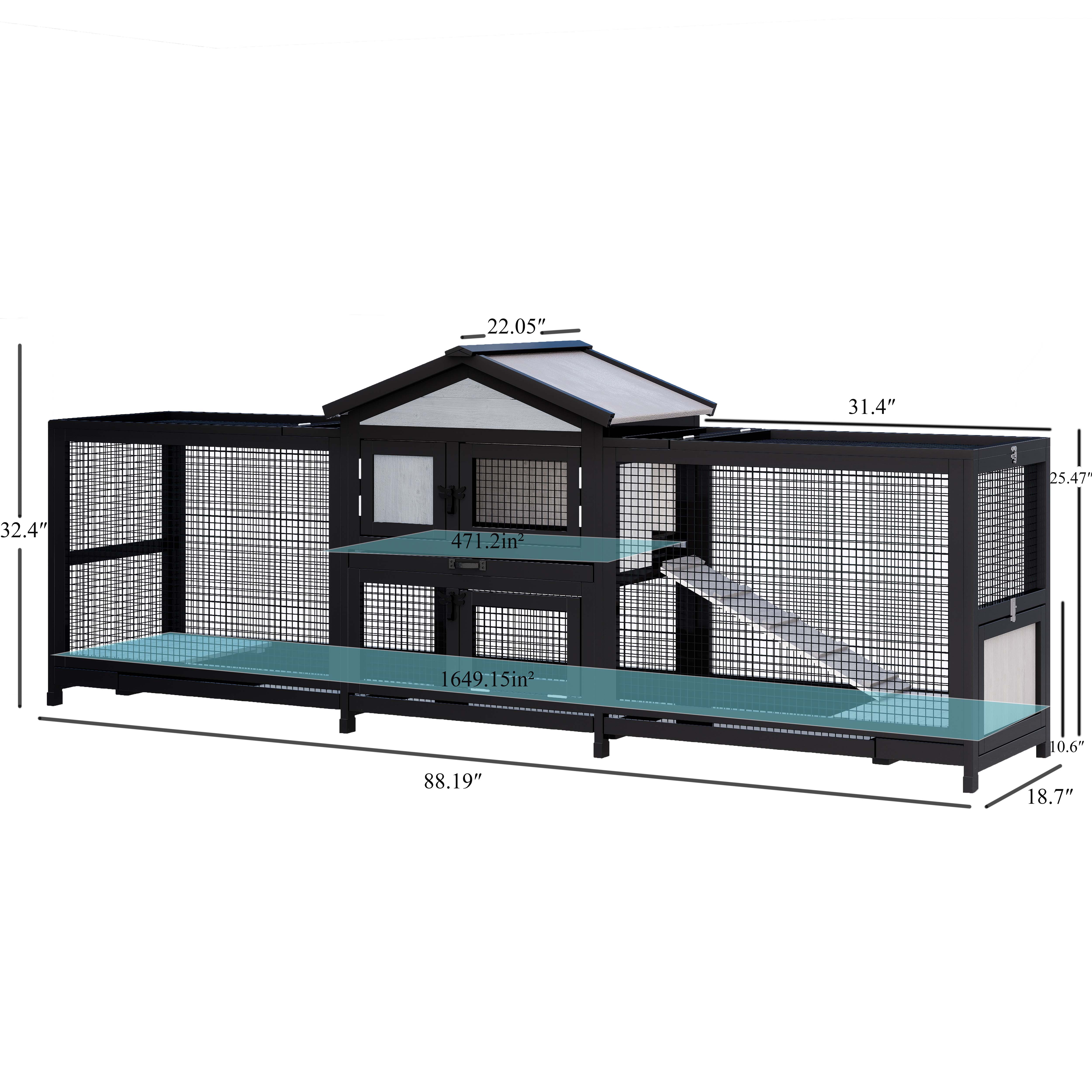 Large Wooden Rabbit Cage Small Animal Cage Indoor Outdoor Pet Cage (large) With Removable Tray And Wire Mesh  Bedding Area 2Running Cages Sturdy And Durable ,Spacious And Pracctical.Black