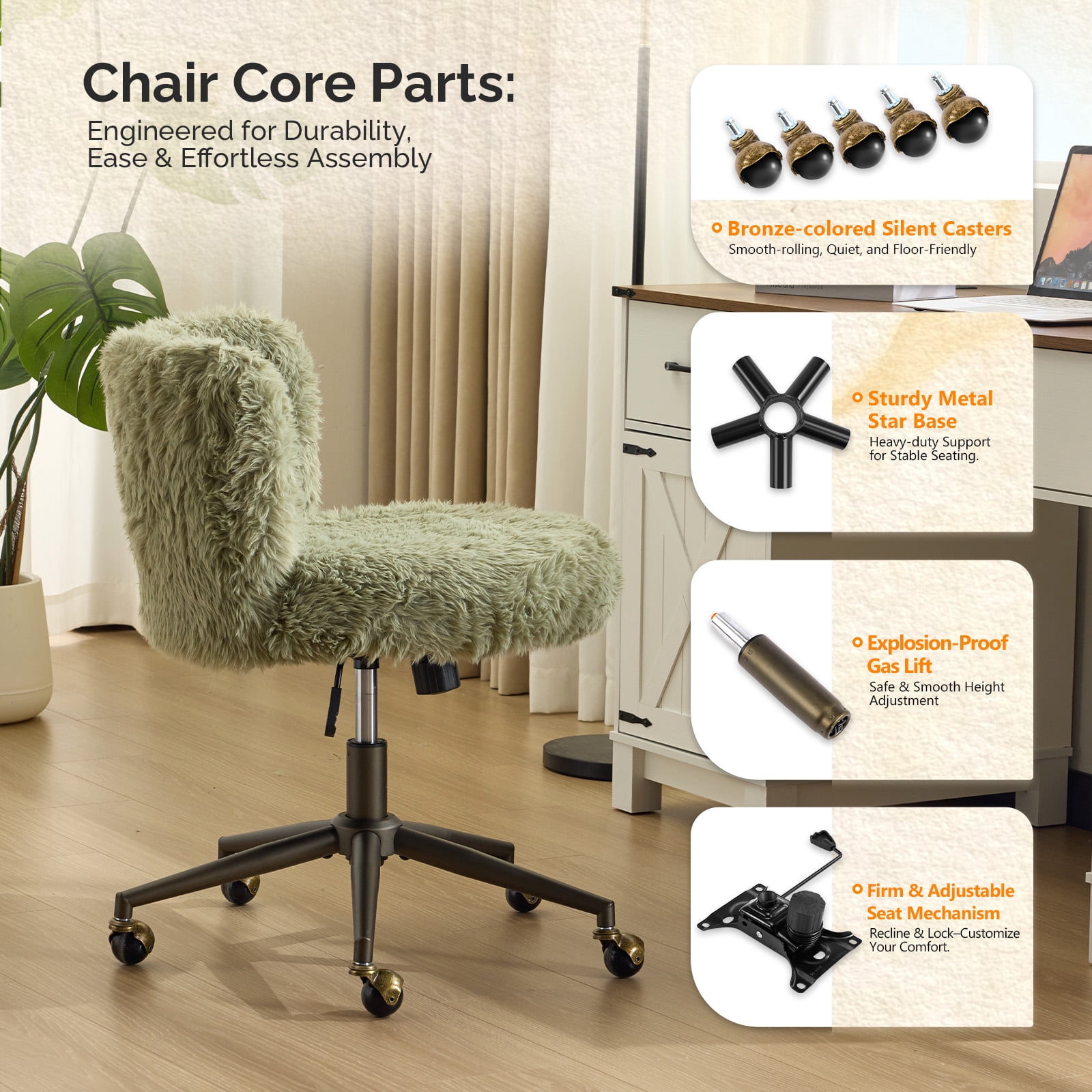 Ktaxon Vanity Chair, Adjustable Desk Chair with Metal Base and Swiveel Casters, Long Pile Fabric Makeup Chair for Women, Ideal for Office,Study and Home Green